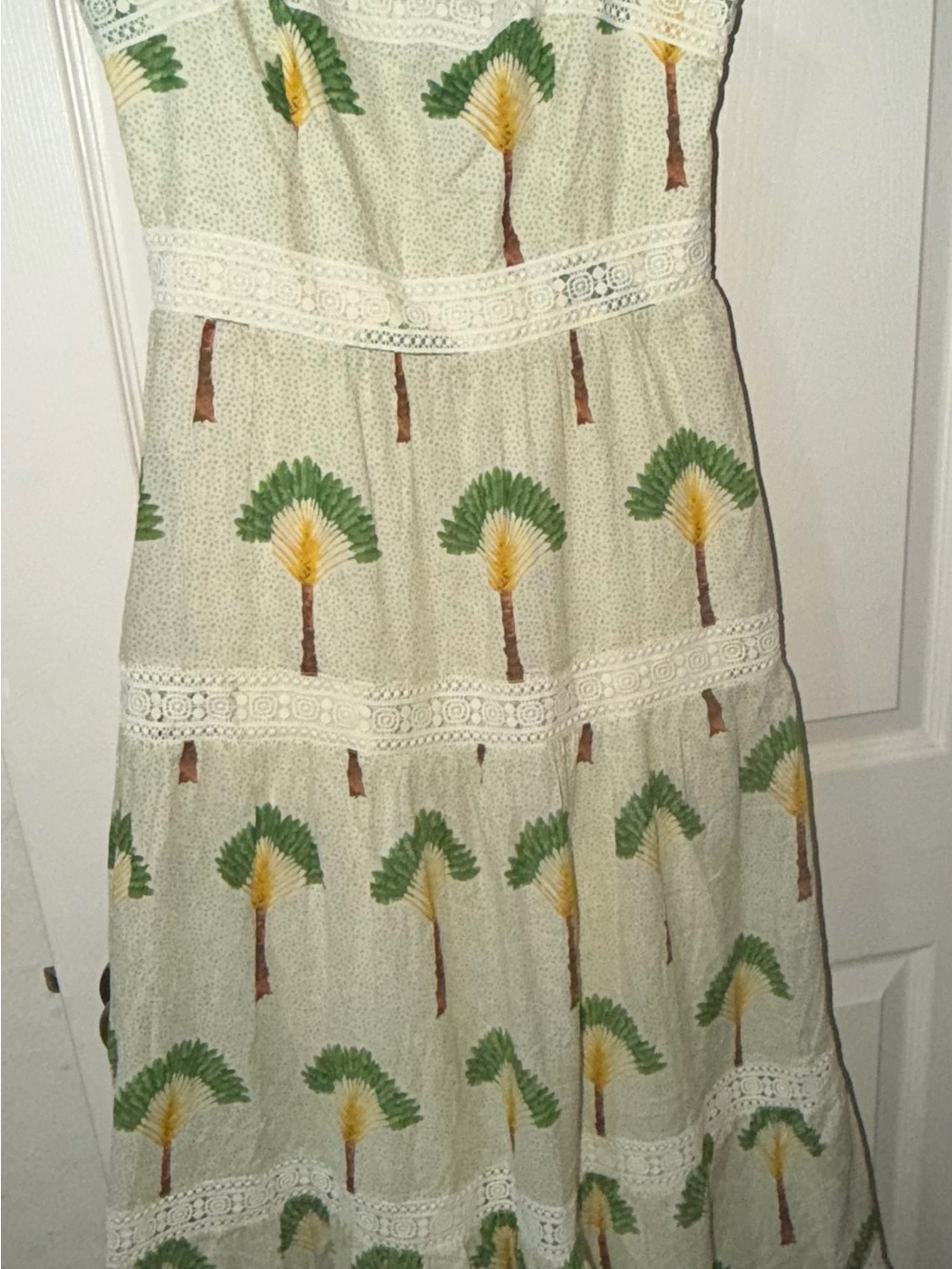 Calypso St. Barth Cream Maxi Dress with Green & Yellow Palm Print XS